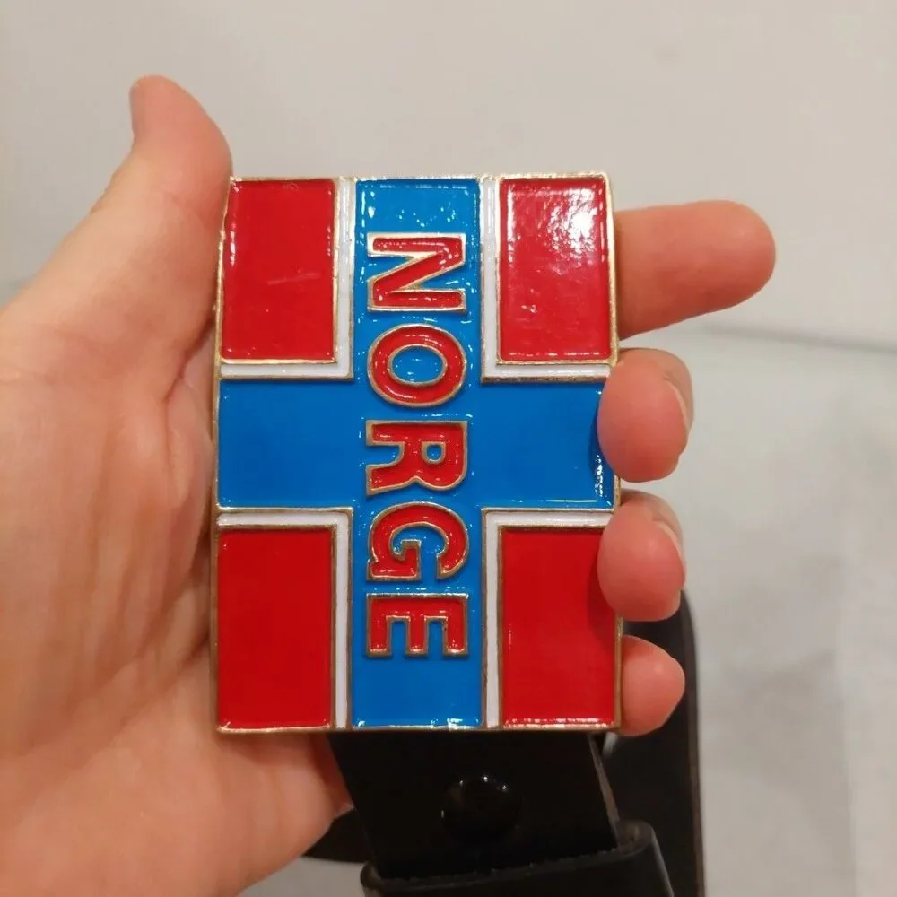 Black Italian Leather Belt with a buckle featuring the flag of Norway 